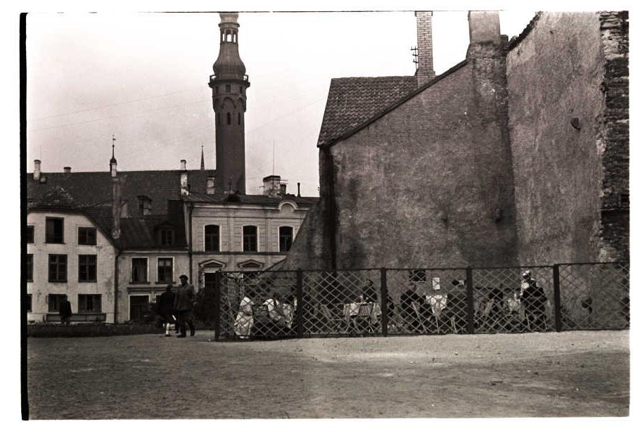 Open air cafe, rear tower of the building