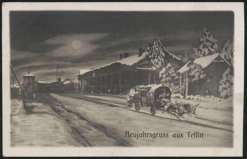 Postcard, New Year Card, Neujahrsgruss aus Fellin, Night Viljandi railway station, translation with nosudega
