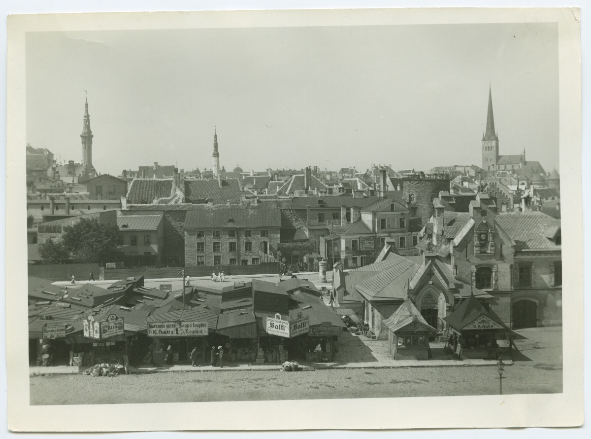 Tallinn, New market, the main front of the commodities, behind the view of the Old Town.