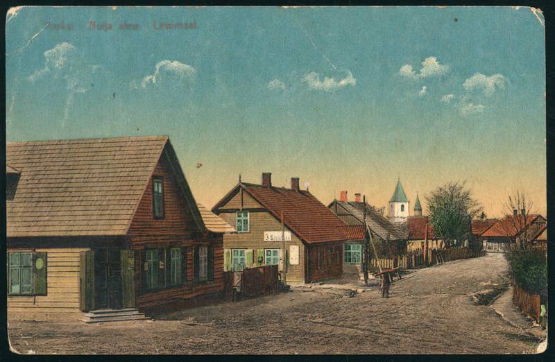tükipilt, Karksi khk, Karksi-Nuia, Pärnu mnt, kiriku torn, koloreeritud, u 1910, trükk A. Tõllassepp Fellin nr 29