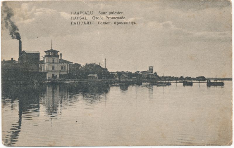 Postkaart. Vaade Tagalahelt villa Friedheimile, mudaravilale ja paadisillale 1924.