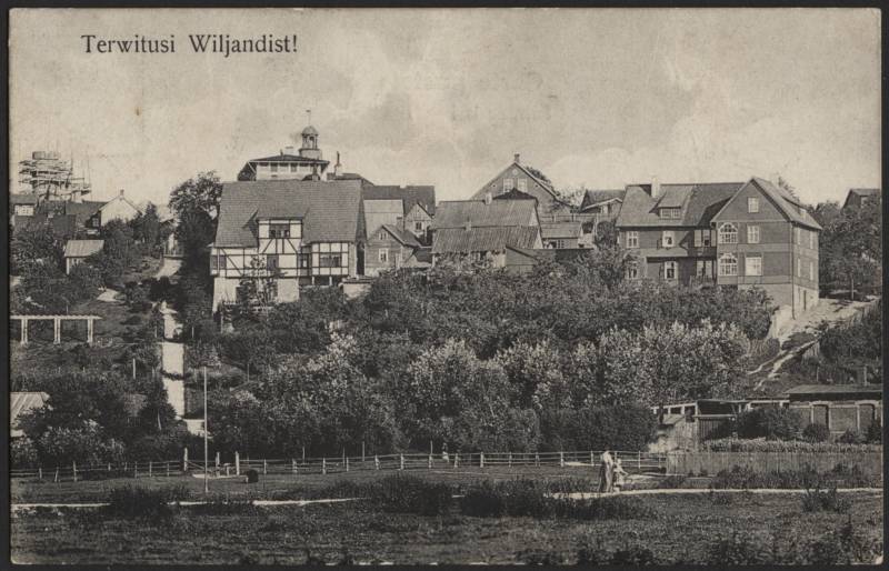 trükipostkaart, Viljandi, Trepimägi, veetorni ehitus, paremal Roosi tn 6 Lorenzoni villa, vasakul Trepimäe 3 Eiche villa, 1910, foto J. Riet