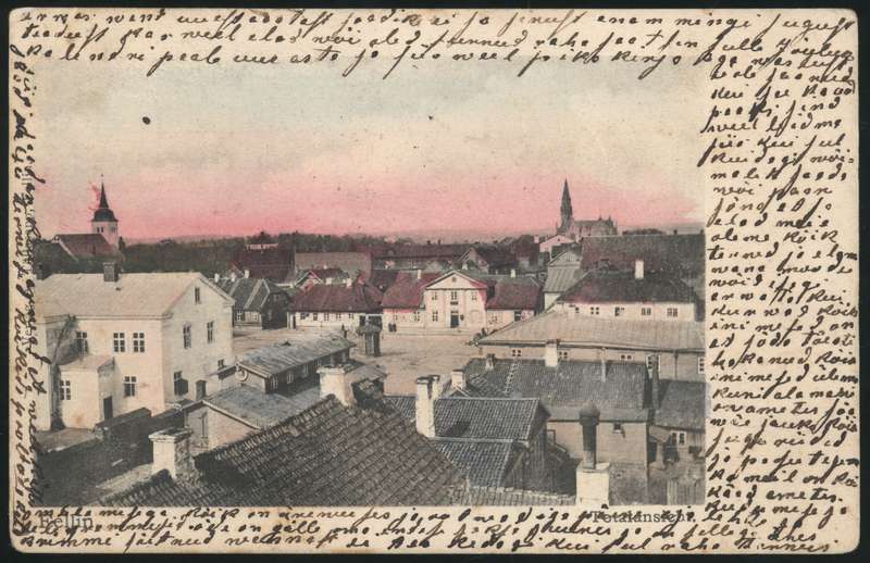 trükipostkaart, Viljandi, turuplats raekoja tornist, õrn koloreering, 1904