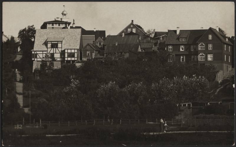 fotopostkaart, Viljandi, Trepimägi, paremal Roosi tn 6 Lorenzoni villa, vasakul Trepimäe 3 Eiche villa, 1911, foto J. Riet