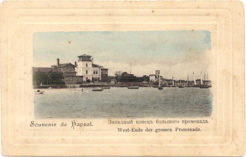 Postkaart vaatega Haapsalu Tagalahele Friedheimi villa ja jahisadamaga u 1900