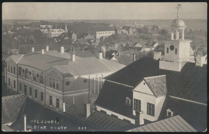 fotopostkaart, Viljandi, linn veetornist, raekoda,  u 1925