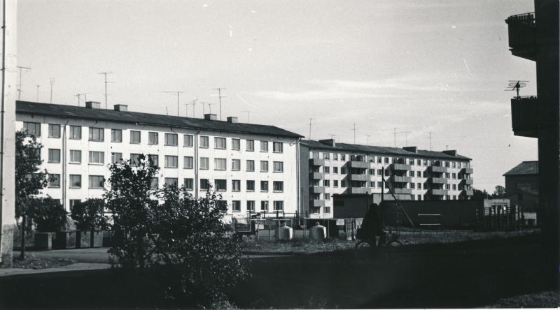 Foto. Vaade Niine tänava elamutele nr. 34 ja 36. 1980. a.  Mustvalge.