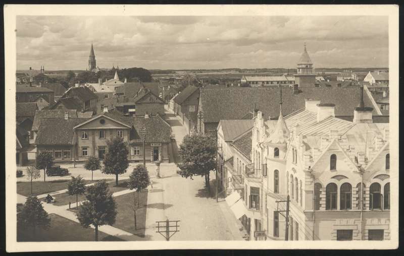 fotopostkaart, Viljandi, Kauba tn veetornist, Laidoneri plats, hotell, apteek, u 1935, foto T. Parri (Viljandi)