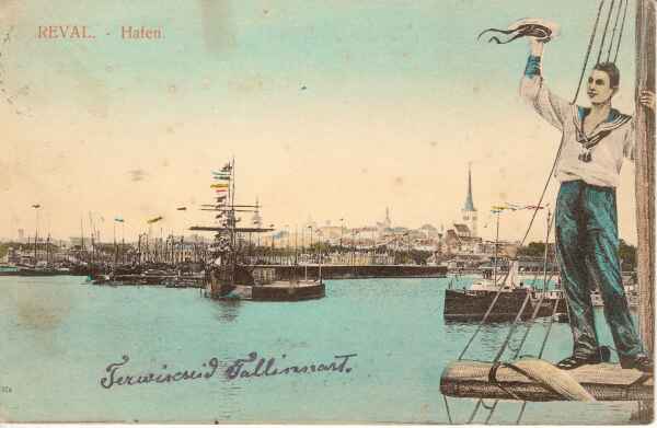 Postkaart vaatega Tallinna sadamale, vanalinnale koos tervituseks mütsi käes hoidva madrusega