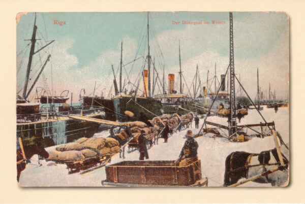 Postkaart. Riia. Kauba laadimine talvises sadamas. 1917