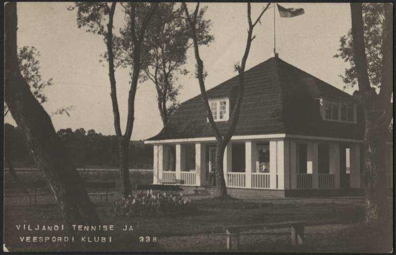 fotopostkaart, Viljandi, tennise- ja veespordiklubi, pingid, peenar, suvi, 1924, foto J. Riet