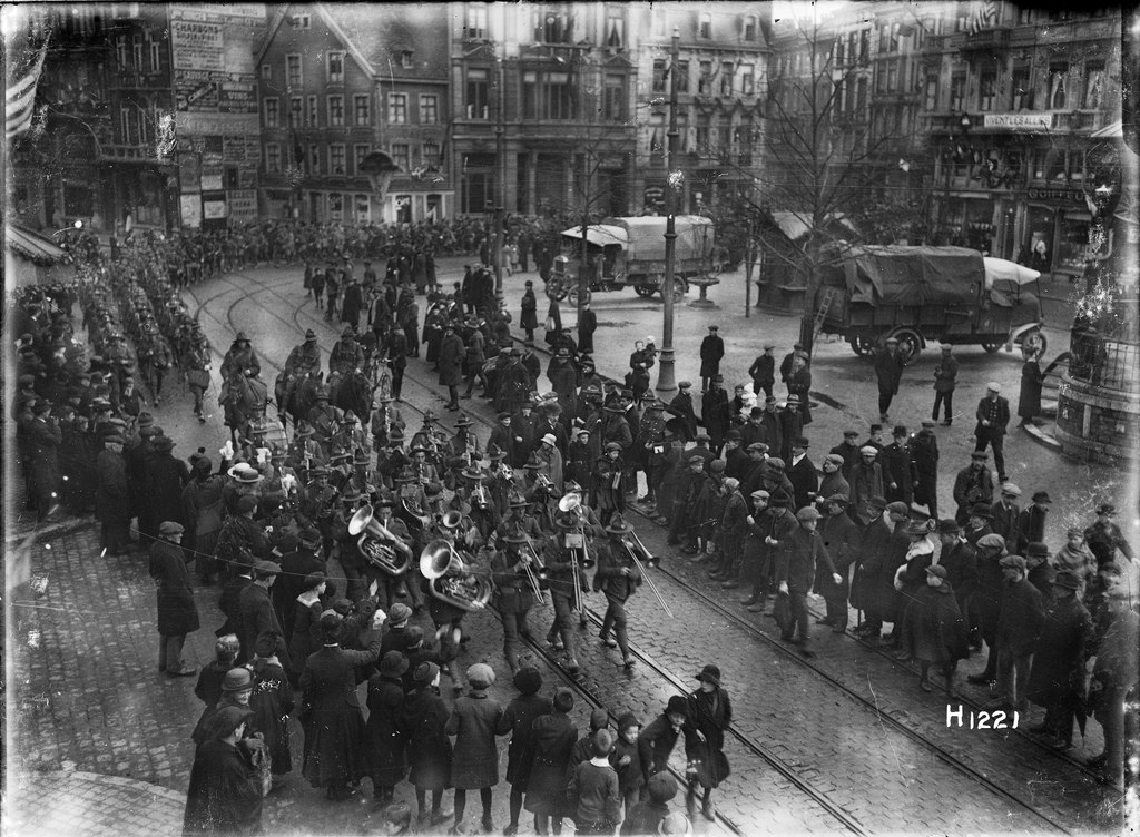New Zealand troops marching through a city on the Rhine after the Armistice