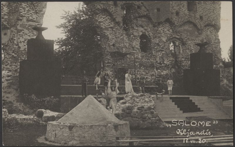 fotopostkaart, Viljandi, lossimäed, teater Ugala vabaõhuetendus "Salome", 17.07.1920