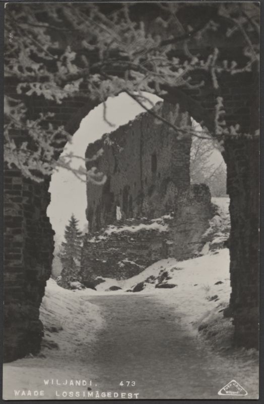 fotopostkaart, Viljandi, lossivärav, Suurmüür, talv, u 1925, foto J. Riet