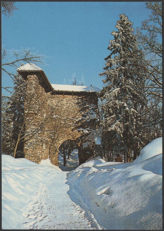 trükipostkaart, Viljandi, lossivärav Kaevumäe poolt, värviline, talv, u 1980, foto E. Loit