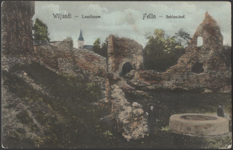 trükipostkaart, Viljandi, Kaevumägi, kaev, Mungamüür, värav, Jaani kiriku torn, mehed, koloreeritud, u 1905