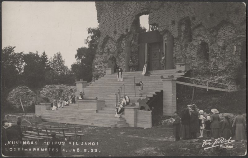 fotopostkaart, Viljandi, lossimäed, teater Ugala vabaõhuetendus "Kuningas Oidipus", 04.08-05.08.1923, foto J. Riet