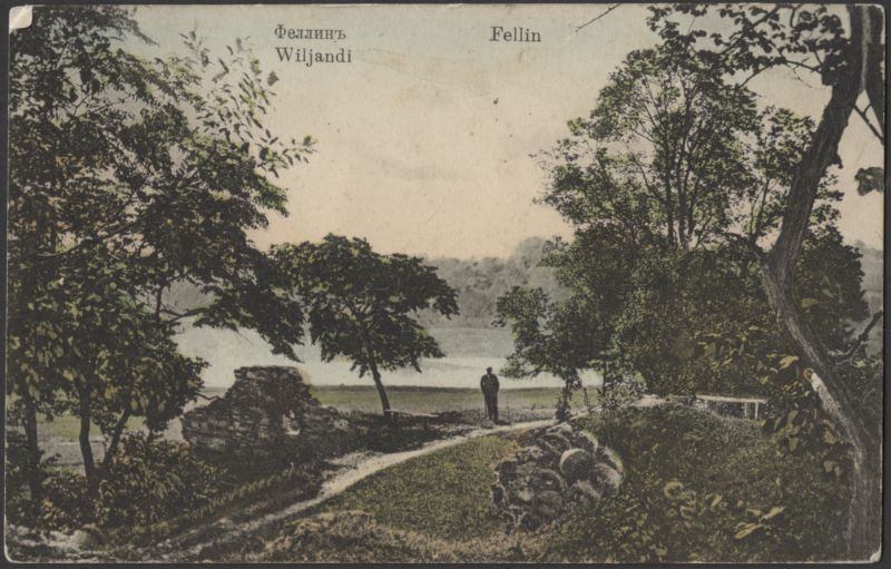 trükipostkaart, Viljandi, Kaevumägi, järvepoolne nurk II Kirsimäe kõrval, mees, järv, koloreeritud, u 1907