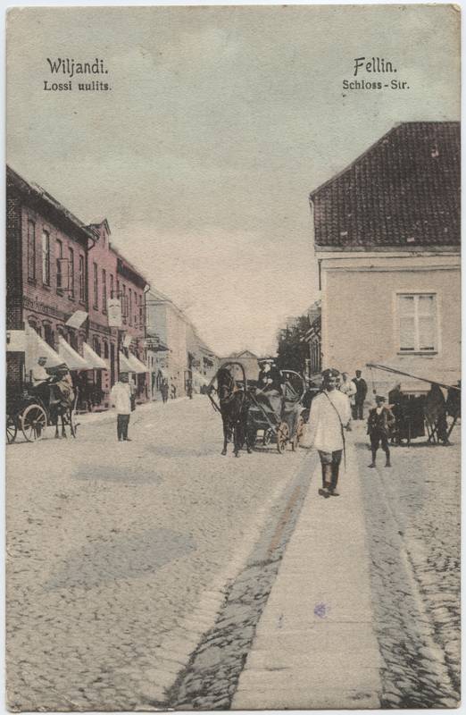 trükipostkaart, Viljandi, Lossi tn, Kauba tn ja Oru tn vahel, voorimees, koloreeritud, u 1909