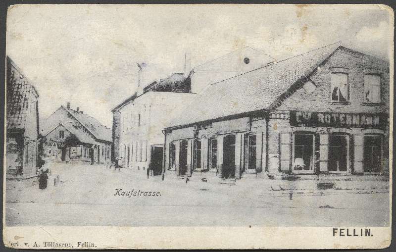 trükipostkaart, Viljandi, Vaksali tee- Kauba tn ristmik, Rotermann'i kaubamaja u 1910, Verlag von A. Tõllasepp (Fellin)