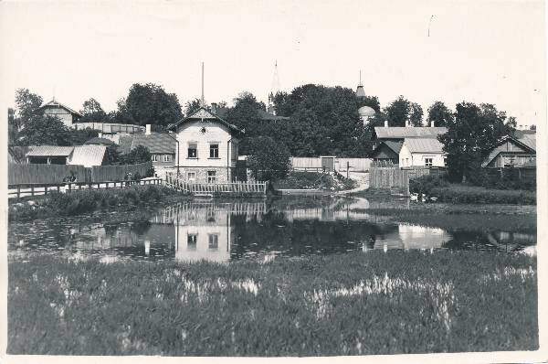 Tartu linnavaade. Meltsi tiik kalakasvatusmajaga. 20. sajandi algus.