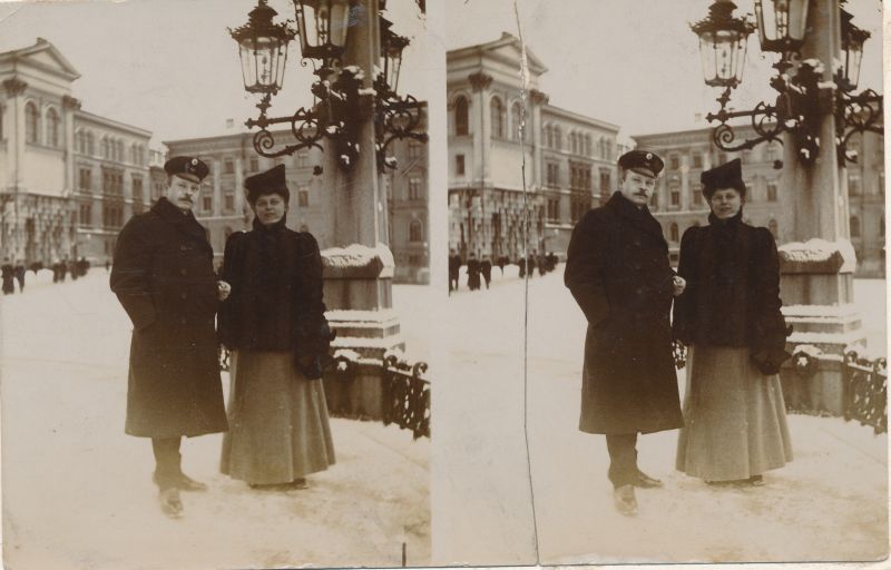 Stereofoto. Olga Dampf oma venna Alaksander Reimann'iga (1881-1935) Helsingis. Enne 1917. Paspartuul.