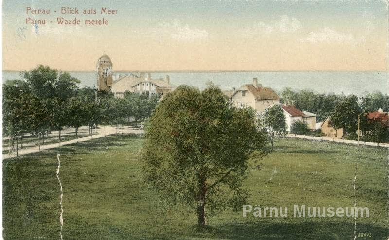 Postkaart, värviline. Vaade Pärnu Merepuiesteele, enne I maailmasõda. Verlag P.Toom
