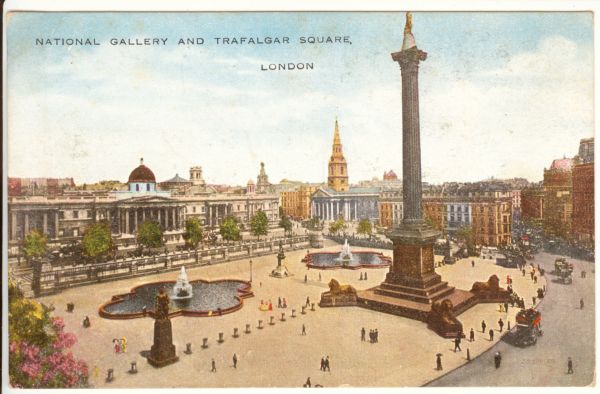 Postkaart. Inglismaa. London. Vaade Rahvusgaleriile (National Gallery) ja Trafalgari väljakule
