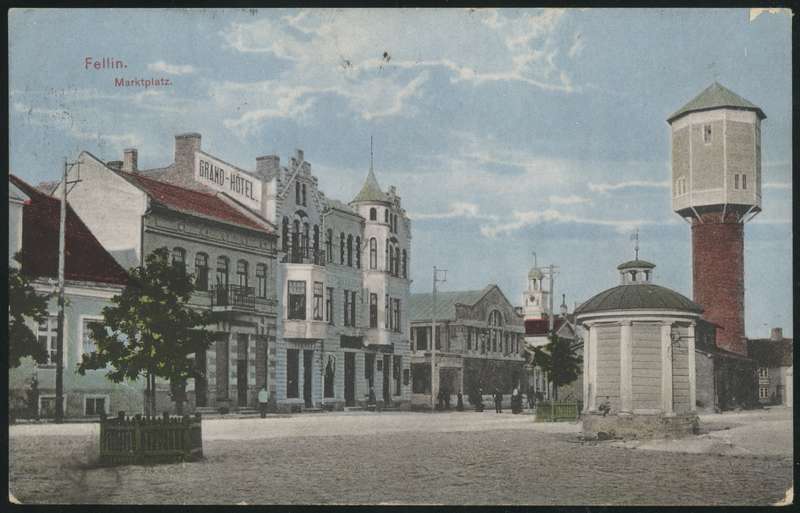 trükipostkaart, Viljandi, turuplats, hotell, riigimonopol, veetorn, kaev, koloreeritud, u 1914 foto A. Liventroem