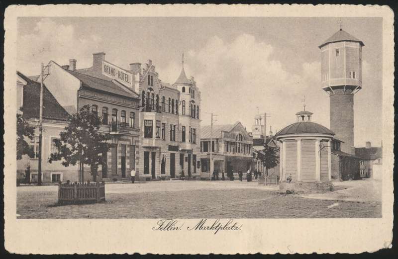 trükipostkaart, Viljandi, turuplats, apteek, hotell, monopol, kaev, veetorn, u 1914, foto A. Livenstroem