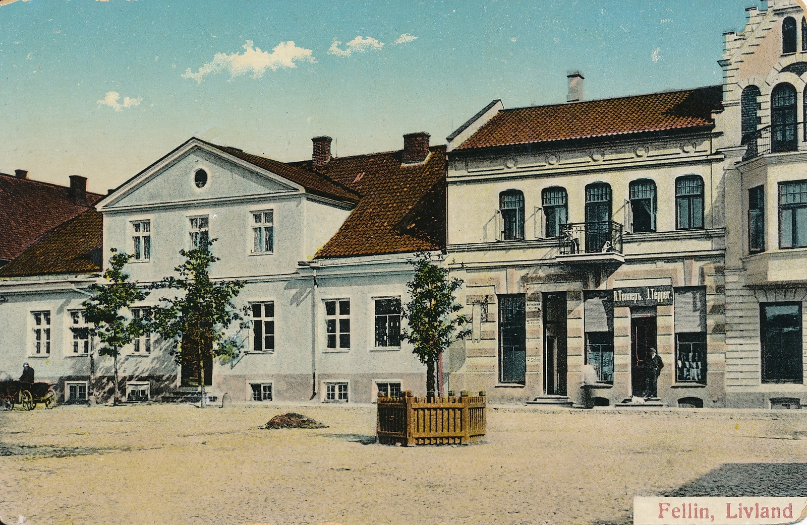 trükipostkaart, koloreeritud, Viljandi, turuplats, apteek, u 1914, foto J. Riet, kirjastaja E. Ring