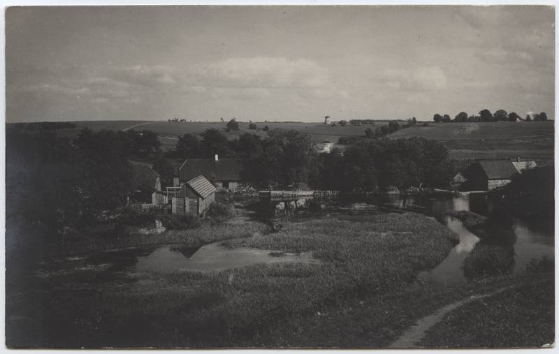 fotopostkaart, Viljandi, Kösti järv, vesiveski, elamu, taga Viiratsi tuuleveski u 1925