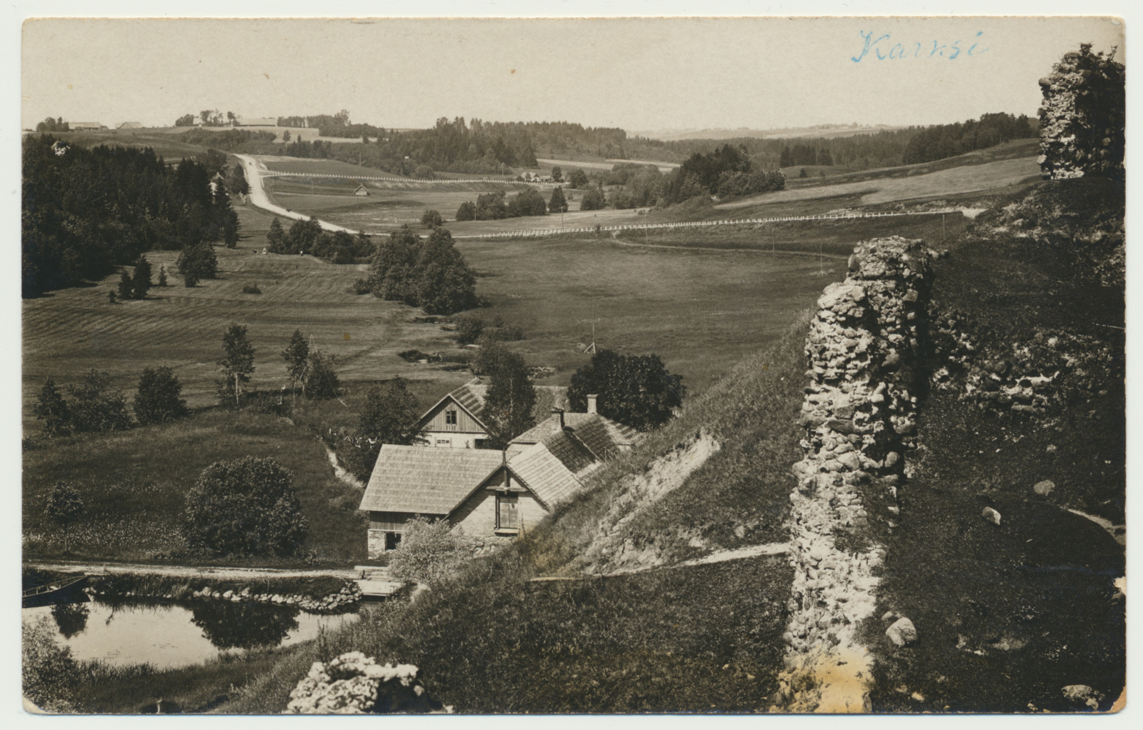 fotopostkaart, Karksi lossimäed, Linnaveski heinamaa u 1935