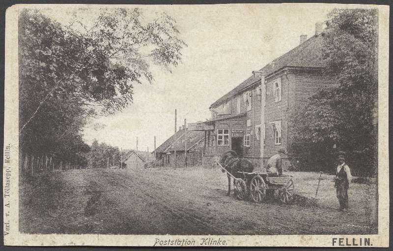 trükipostkaart, Viljandi, Vaksali tee algus, hobupostijaam Klinke, u 1910, Verlag von A. Tõllasepp (Fellin)