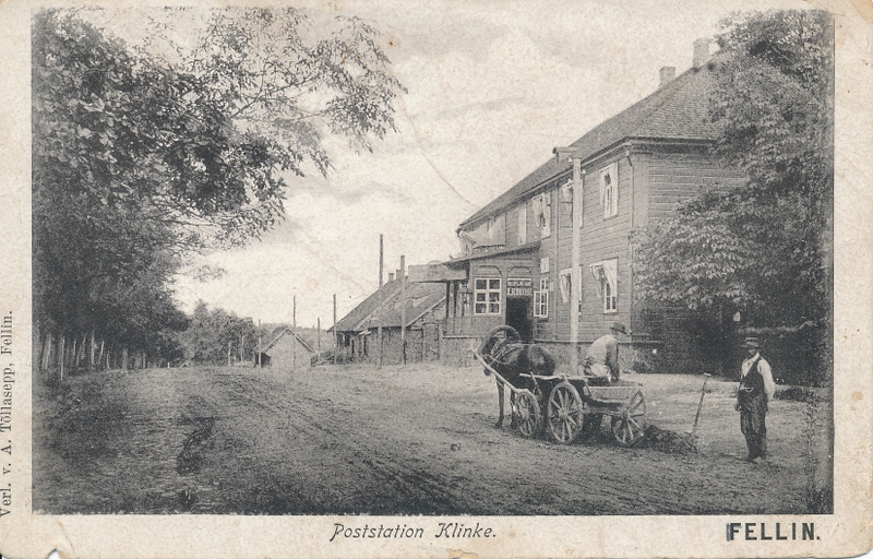 trükipostkaart Viljandi Vaksali tn algus, hobupostijaam Klinke, hobuvanker u 1905 kirjastaja A.Tõllassepp