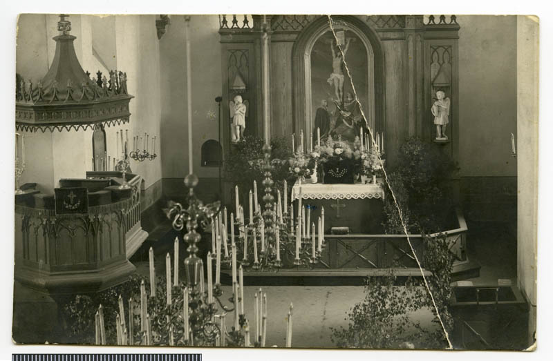 fotopostkaart, Paistu khk, Paistu kirik, sisevaade, altar, kantsel, 1929, foto E. Ilves