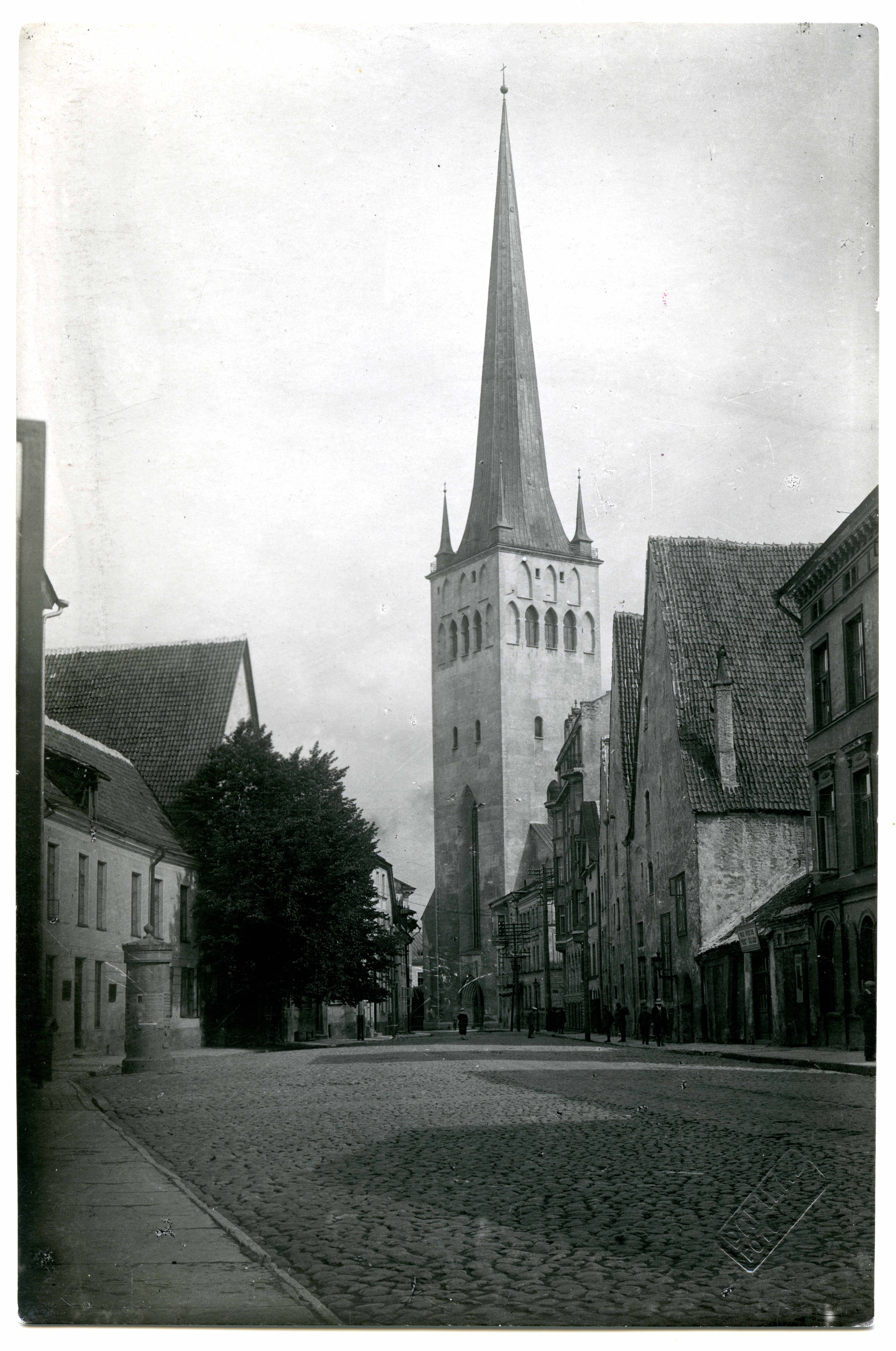 All-city. Oleviste Church. View to the tower from SW wide street