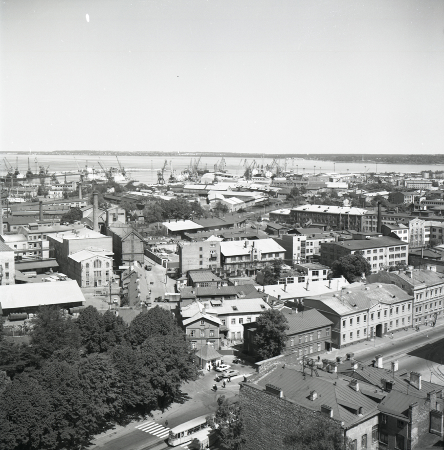 Tallinna vaated valmiva Viru Hotelli katuselt, vaade piki Hobujaama tänavat tööstuskvartalitele ja sadamale