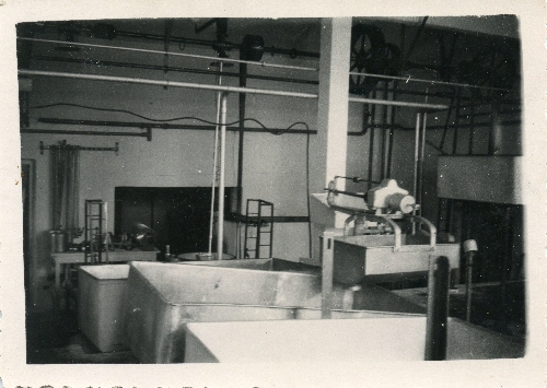 Võru raj. Mõniste Võitööstus 1958. Esiplaanil piima vastuvõtukaal ja vannid.
