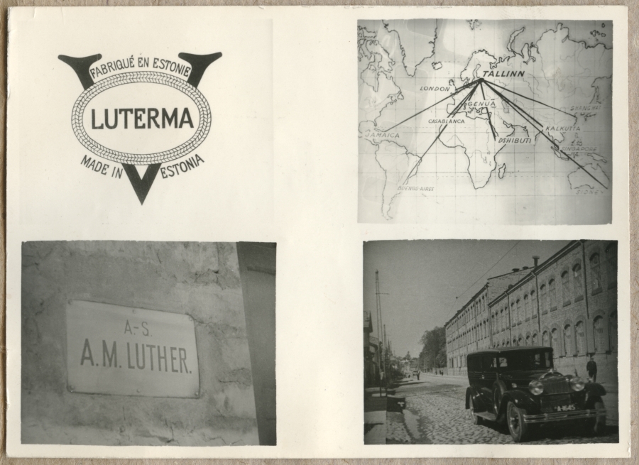 A. M. Lutheri vabriku reklaamkujutised - embleem, kaart, nimesilt, vabrikuhooned