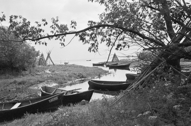 Piirissaar. Paadid ja võrguridvad järvekaldal.