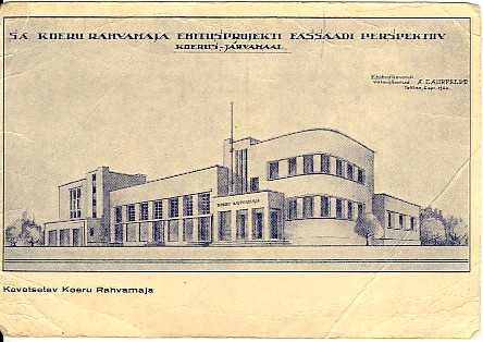 postkaart, Koeru rahvamaja ehitusprojekti fassaadi perspektiiv 1936.a.