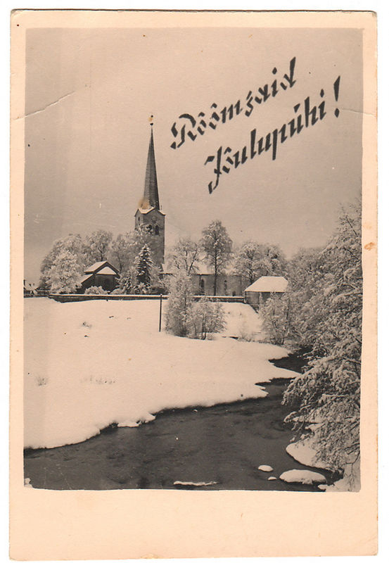 Postkaart Rõõmsaid jõulupühi. Kose kirikutorniga talvine vaade