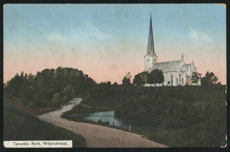 trükipostkaart, Tarvastu khk, Tarvastu kirik, koloreeritud, u 1905, A. Tõllassepa trükk (Fellin)