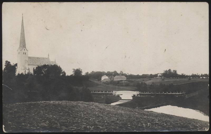 fotopostkaart, Tarvastu khk, Tarvastu kirik, sild, meierei, u 1915