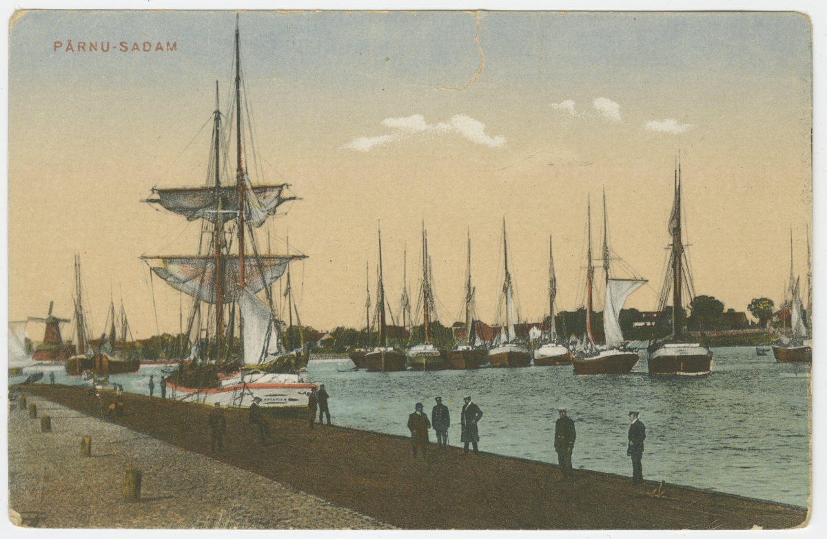 Postkaart. Purjelaevad Pärnu sadamas