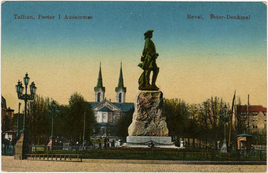 Peeter I monument Vabaduse väljakul (kõrvaldatud 1922), taamal Kaarli kirik. Skulptor Leopold Berenstamm