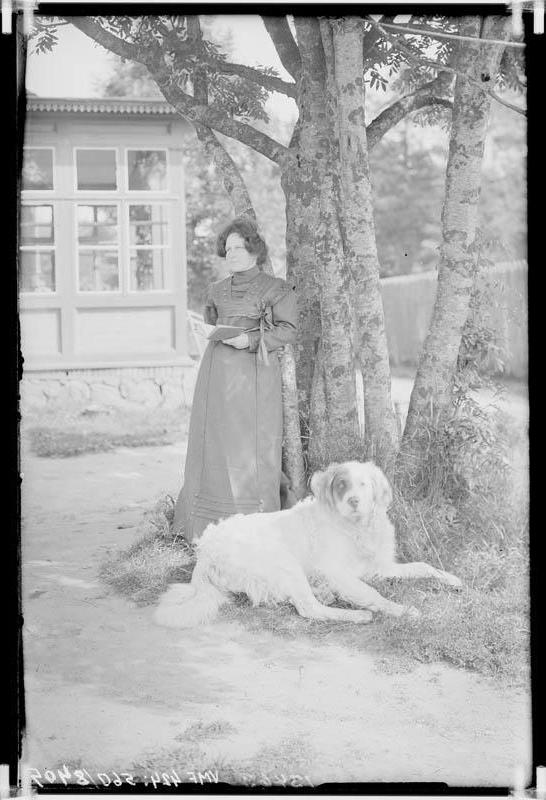 fotonegatiiv, naine, koer, mitmeharuline puu, 1912, foto J. Riet