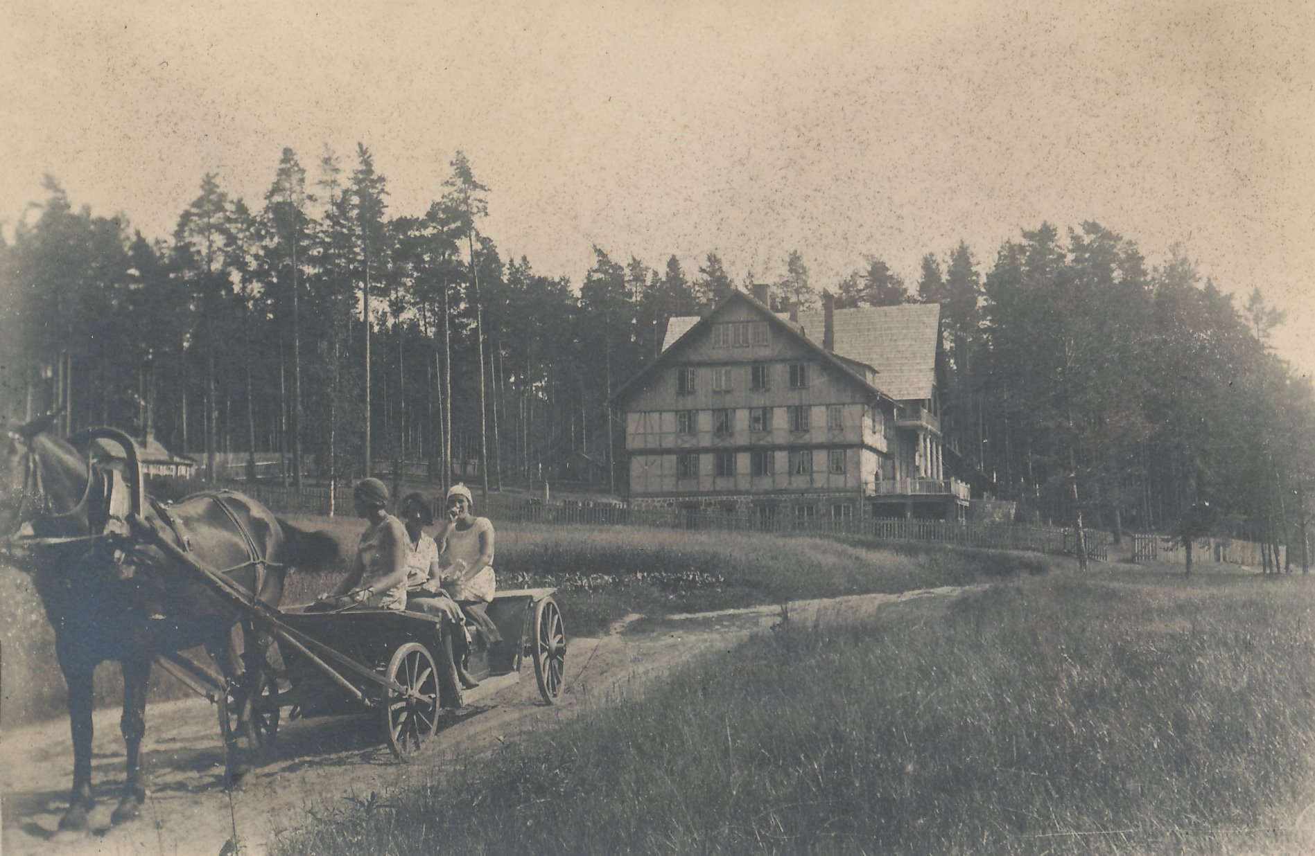 Foto. Jürgensonide pere Kubijal hobuvankriga lõbusõidul puhkekodu juures 1920.aastatel.