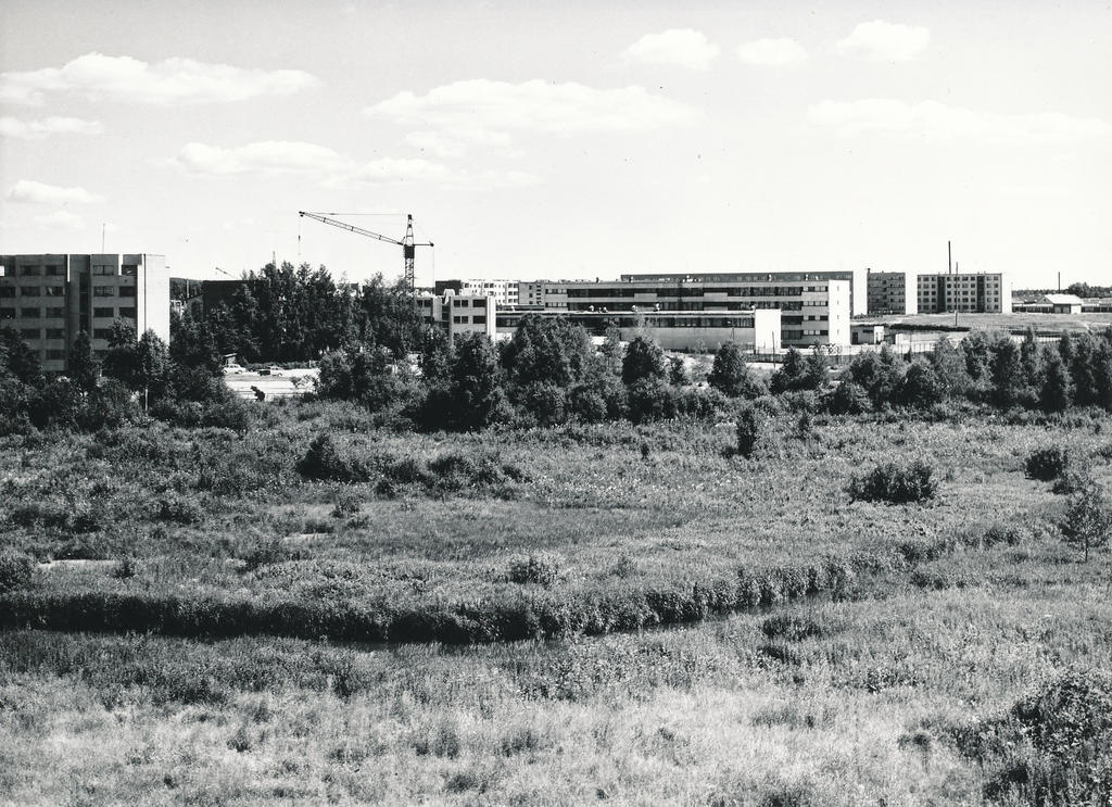 Foto. Võru. Nöörimaa panoraam augustis 1982.a. Hooned Vilja 22, Võru I Keskkool Kooli tee 2 ja Kooli tee 5